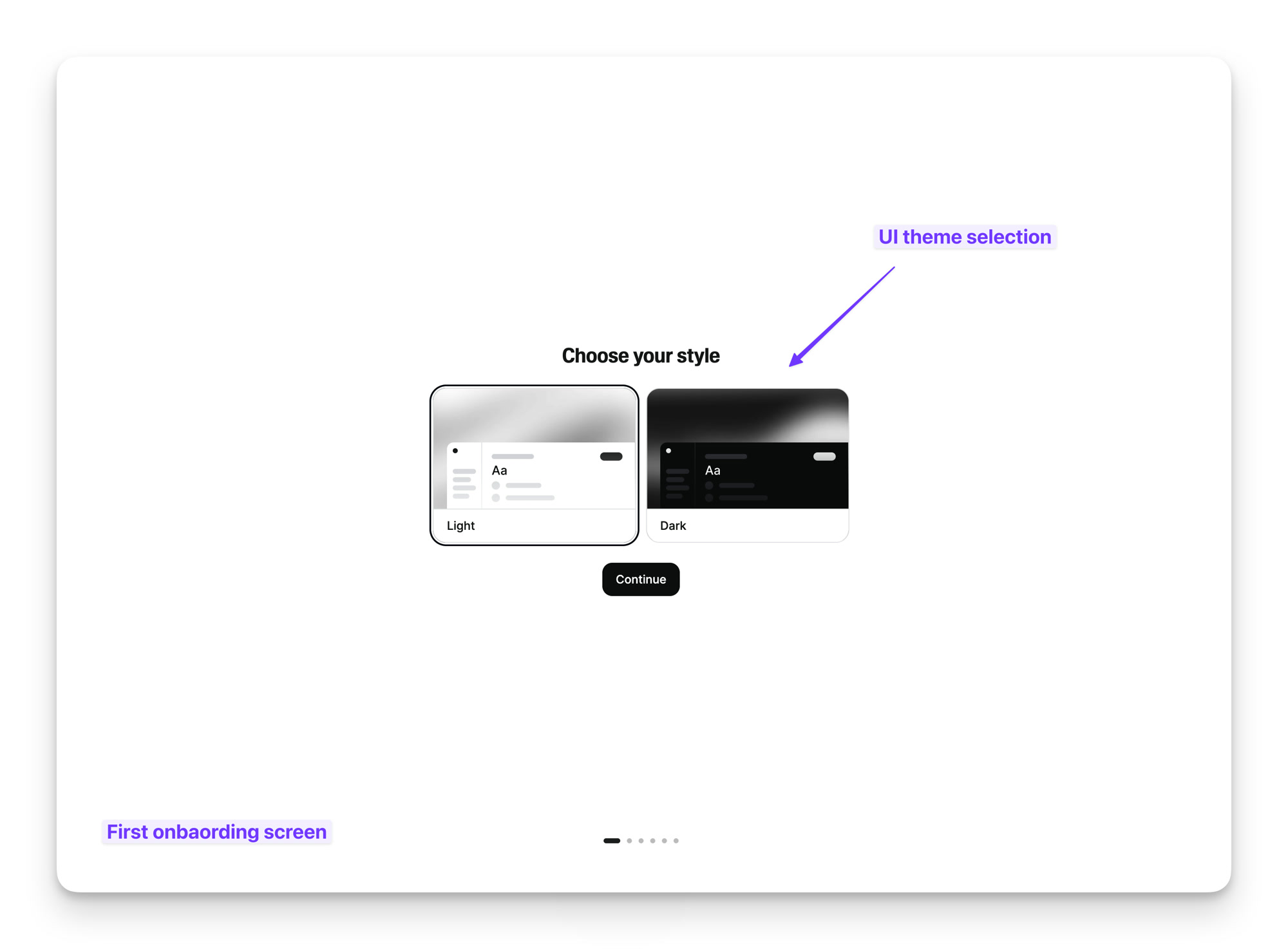 Annotated screenshot of ElevenLabs' first onboarding screen, a light-or-dark theme chooser, with teardown annotations pointing at the UI theme selection