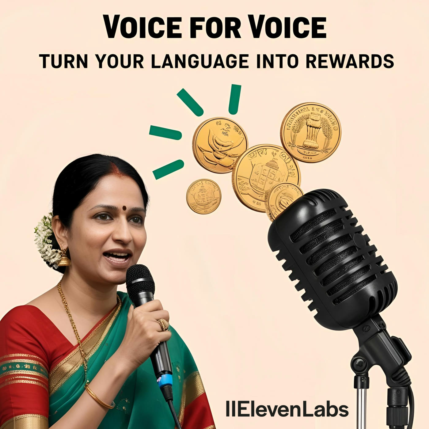 Voice for Voice campaign creative: a woman speaking into a microphone with coins rising out of it, captioned 'turn your language into rewards'