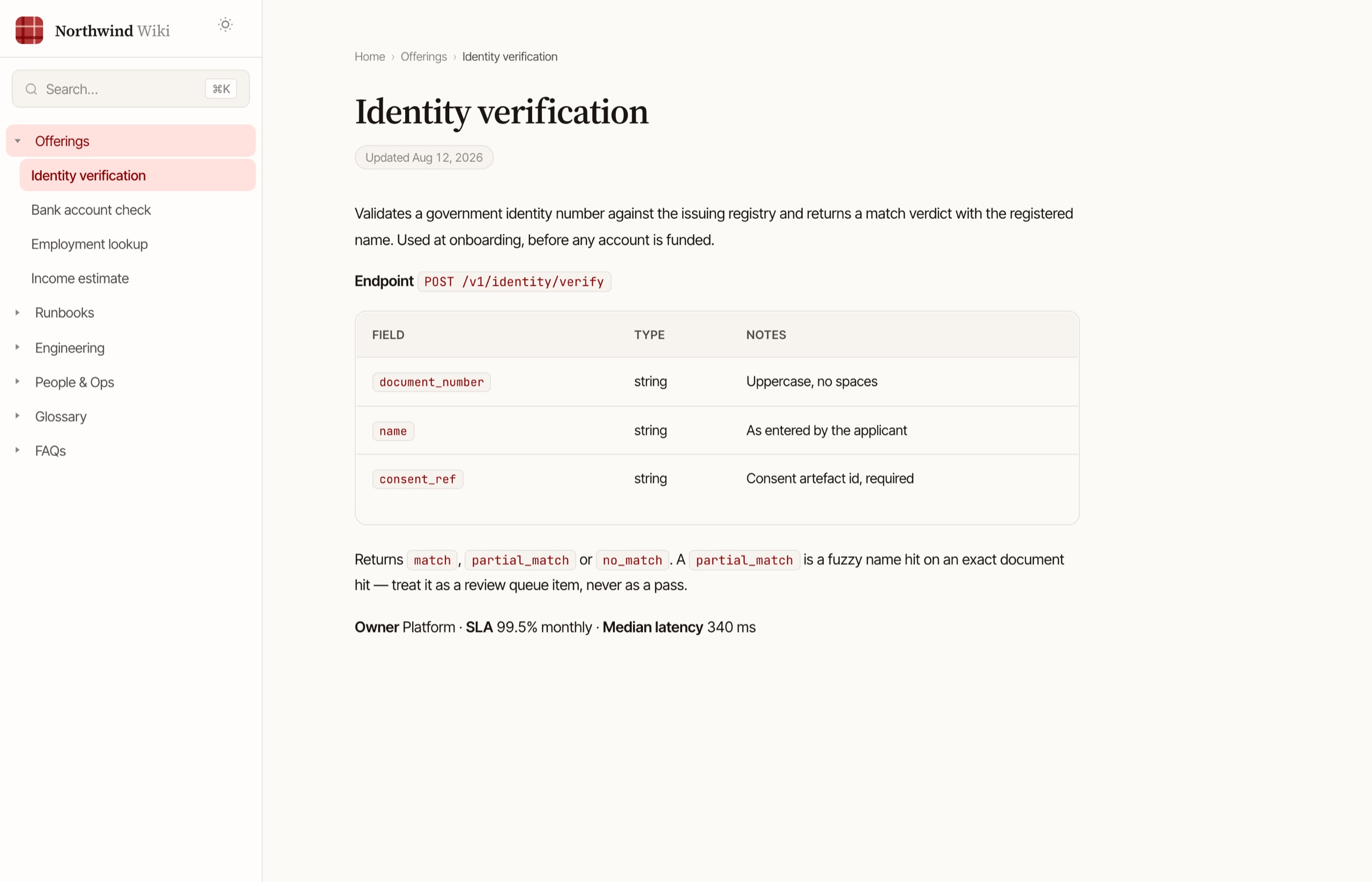 A wiki page for an identity-verification offering: a left nav tree with collapsed sections, a breadcrumb, a serif title, an updated date, prose, a mono-formatted endpoint, and a three-row field table