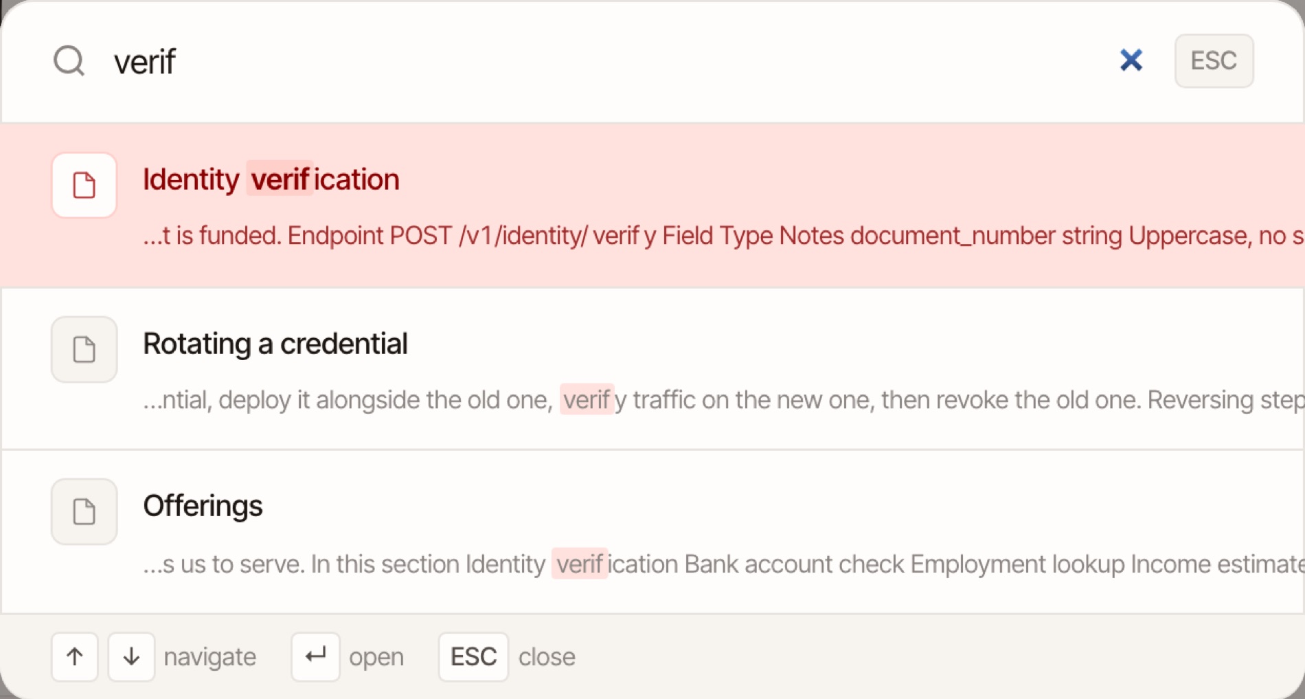 The command palette with the query 'verif' typed: three results, the first a title match on 'Identity verification' with the matched characters highlighted, then two body matches, with keyboard hints for navigate, open and close along the bottom