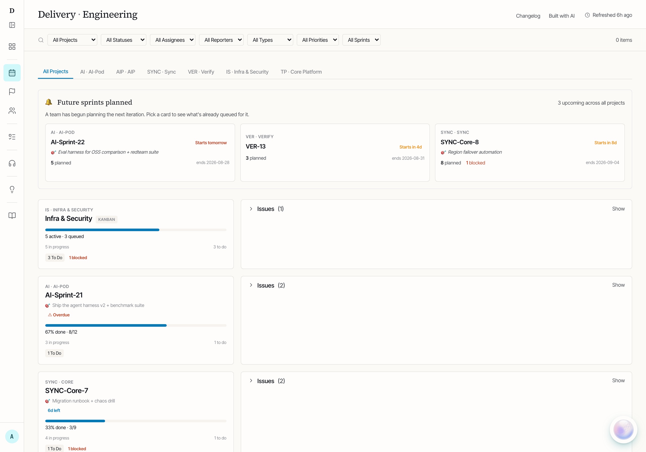 The sprints view: a strip of three planned future sprints across projects, then per-board cards showing progress bars, in-progress and to-do counts, blocked badges and an overdue flag, each beside a collapsed issues panel