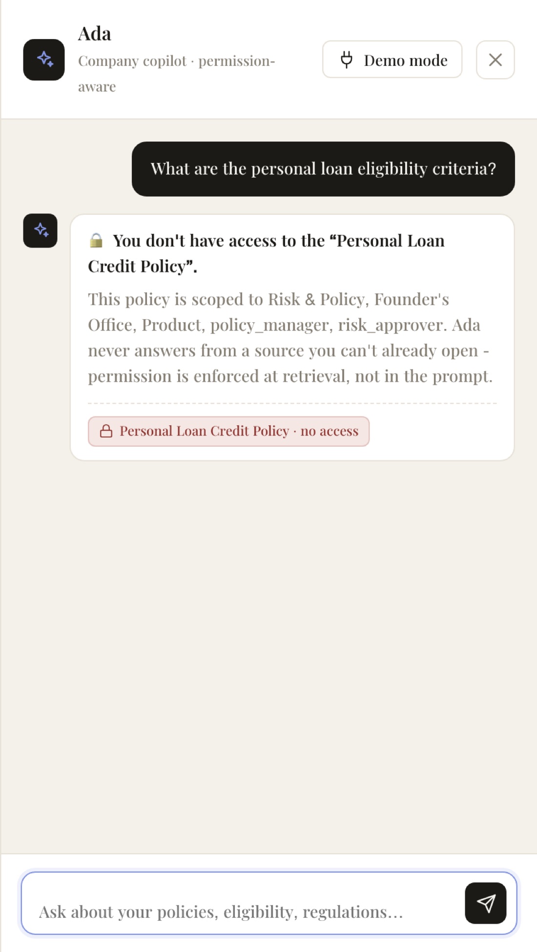 The same question asked by a staff user, answered with 'You don't have access to the Personal Loan Credit Policy', the scope it is restricted to, and a red chip reading 'Personal Loan Credit Policy · no access'