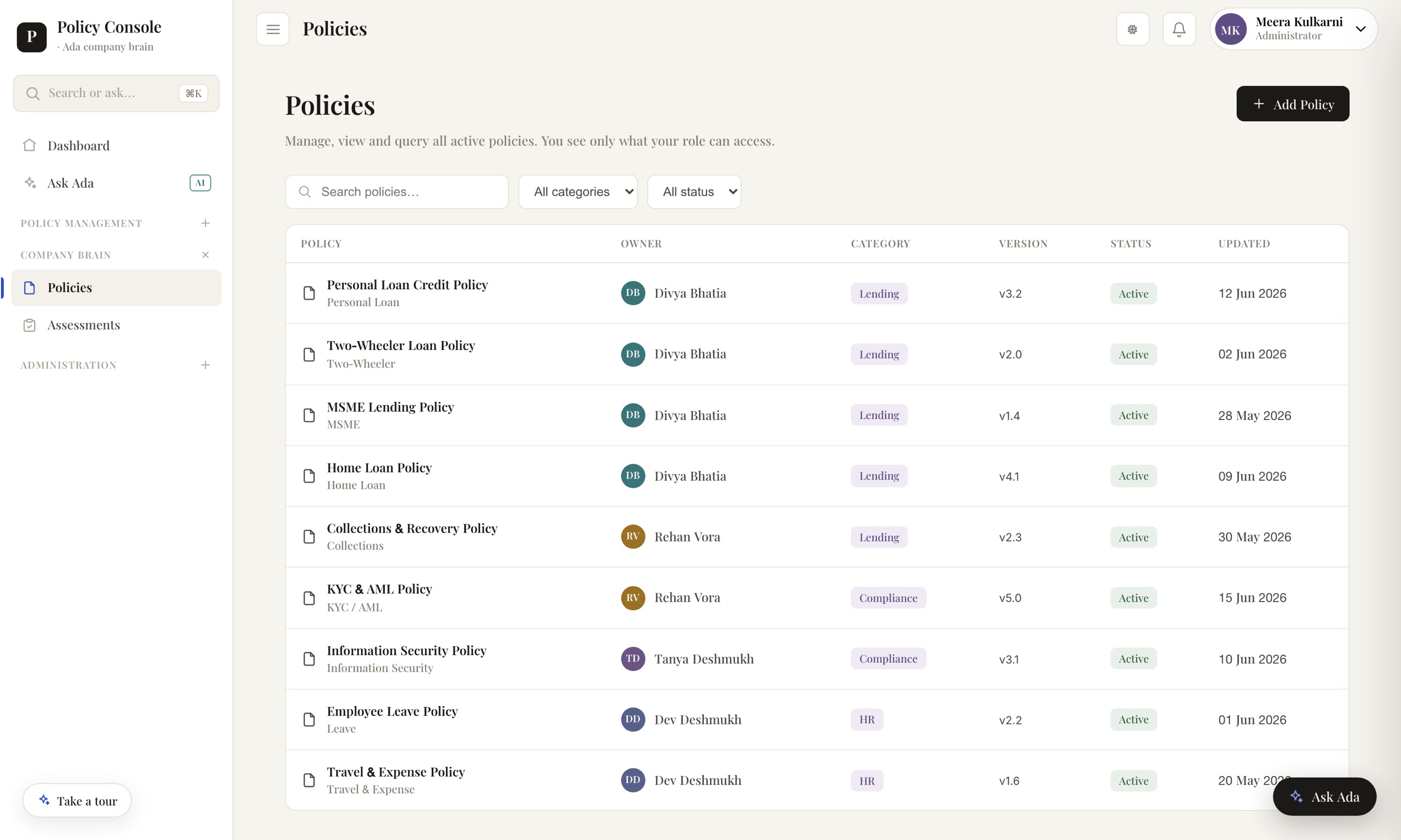 The policy library view: a searchable table of nine active policies across lending, compliance and HR categories, each with an owner avatar, version and last-updated date