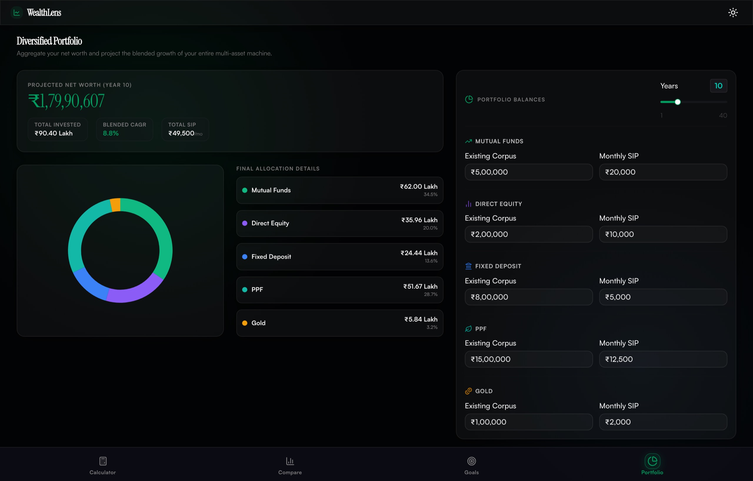The same portfolio view on the dark theme, with the green, purple, blue and amber category colors retuned for the darker ground